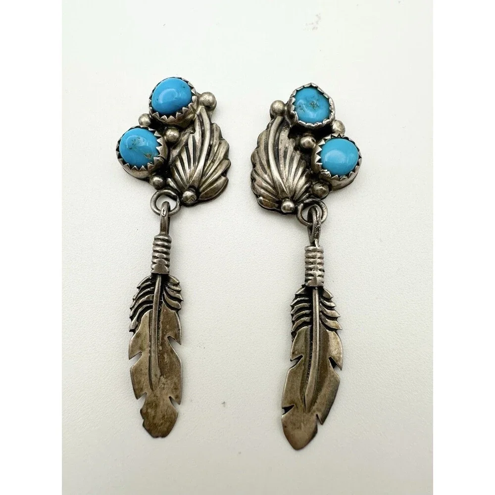 NAVAJO Signed RB TURQUOISE DANGLES STERLING SILVER EARRINGS FEATHER - For Repair